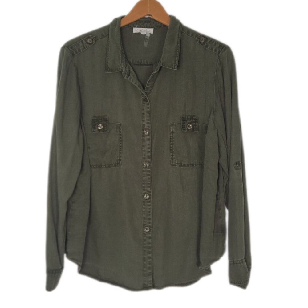 On‎ The Road shirt 100% tencel roll sleeve military women's size LG olive green